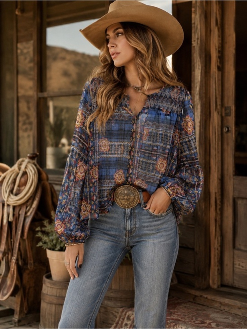 New Directions Navy Boho Medallion Print Smocked Blouse XL Festival Western